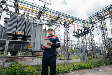 Fototapeta premium The energy engineer inspects the equipment of the substation. Power engineering. Industry