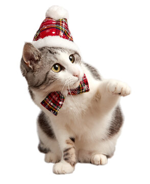 Cat in a red Christmas hat and bow tie. Isolated on white background