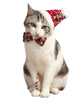 Cat in a red Christmas hat and bow tie. Isolated on white background