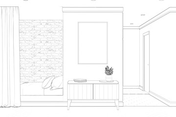 Sketch of the room with a vertical poster above a curbstone with decor, next to it is a niche with a bed and a curtain. There is a corridor with a door in the background. 3 render