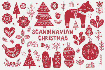 Scandinavian Christmas set - fir tree, tulip, flower, horse, mittens, ball - obrazy, fototapety, plakaty