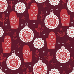 Christmas seamless pattern with leaves, balls, mittens, snowflakes. Scandinavian style