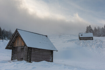 Snowy winter in the Ukrainian Carpathians and picturesque mountain houses