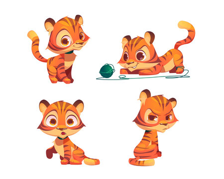 Cute tiger cartoon character, funny animal cub mascot with kawaii muzzle express emotions smile, take offense, surprised and playing with clew. Wild kitten with orange striped skin vector isolated set