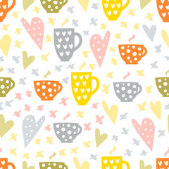 Coffee and tea cups vector seamless pattern or background with hearts.