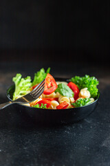 pasta salad tomato snack vegetables lettuce healthy gluten free ingredient vitamins  top view copy space for text food background 