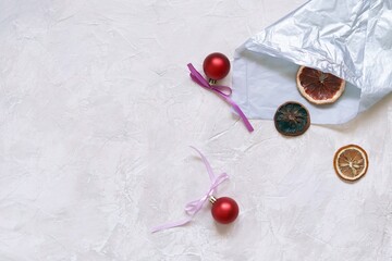 New Year's toys, spices, spruce branches, Christmas background, concept of congratulations, postcard