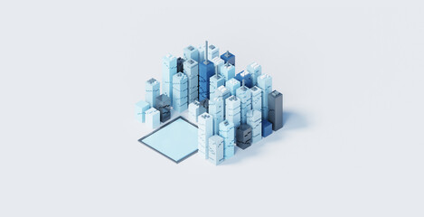 Blue city scene isometric view in modern style. Abstract technology background. 3d illustration. Abstract office background. Modern art. Modern technology concept.