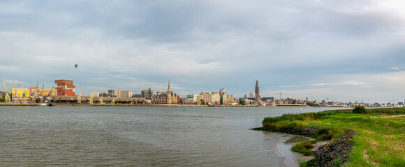 Skyline of Antwerp across the river Scheldt.