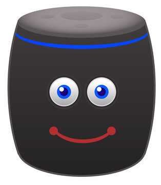 Smart home internet smart speaker virtual assistant icon with eyes and smile. Cartoon style, kawaii character. Smart speaker friend for children.
