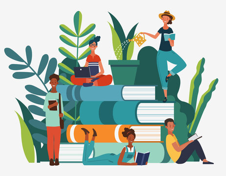 Young people reading books in the  park. Summer landscape background. Holidays time.  Back to school, Study, Learning, Knowledge and Education vector concept