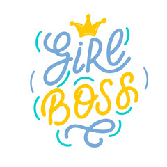 Lettering - girl boss - blue and yellow letters on a white background, vector graphics, for postcards, posters, t-shirt prints, notebook covers, packaging, stickers