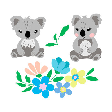 Image of cyte little koala bears with beautiful blue, pink, yellow flowers ona white background in vector graphics. For the design of posters, postcards, prints for t-shirts, covers, wrapping paper