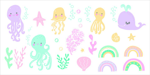 set with octopulus whale and coral