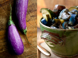 Close up of stir fried eggplant served in bowl