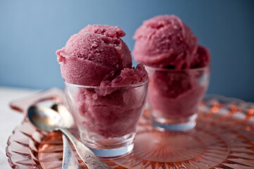 Close up of pear and red wine sorbet in cup