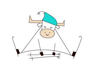 White Ox. Happy new year 2021. Funny cute kawaii bull, cow. Winter outdoor activities. Skiing. Vector illustration in cartoon style isolated on white background. Template for your design