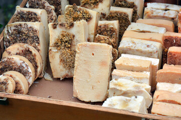 Blocks of natural soap with propolis and honey