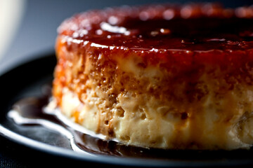 Close up of caramel rice flan served on plate