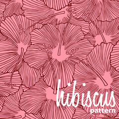 Hawaiian seamless pattern with flowers of hibiscus. Outline texture on a pink. Repeating linear drawing. Ink drawn contours of hibiscus. Tropical exotic floral background.