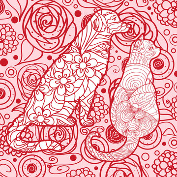 Square background with patterned dog and cat. Hand drawn animals with abstract patterns. Line art