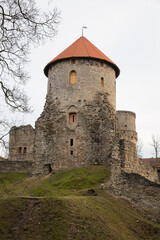 Fototapeta na wymiar City Cesis, Latvia. Street with old castle what made from rocks. Travel photo.