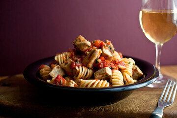 Close up of fusilli pasta with tuna and tomato sauce served in bowl