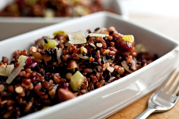 Close up of red and black rice stuffing with red lentils, almonds and cranberries served in bowl