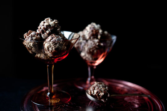 Close up of malted milk ice cream bonbons served in glass