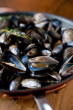 Close up of mussels in pan