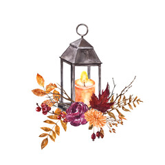 Fall composition with hand painted watercolor burgundy and orange flowers, vintage lantern and candle, colorful tree foliage, forest plants, isolated on white background. Autumn arrangement.