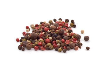 Pepper mix. Black, red and white peppercorns, isolated on white background