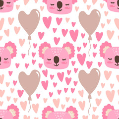 Seamless Pattern of Cartoon Koala and Balloon Design on White Background