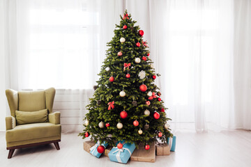Window decor new year presents Christmas tree interior holiday