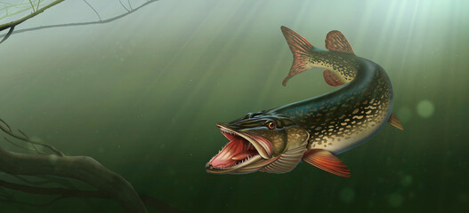 Great northern pike on the hunt illustration art. Grass pickerel under water in attack background of water.