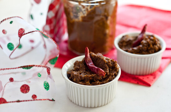 Close up of harissa served in ramekins