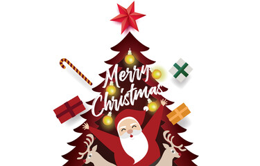Christmas card paper art concept, Santa claus on christmas tree with gift, snow, star, and text Merry christmas design for web banner, poster, advertising, christmas invitation card and happy new year