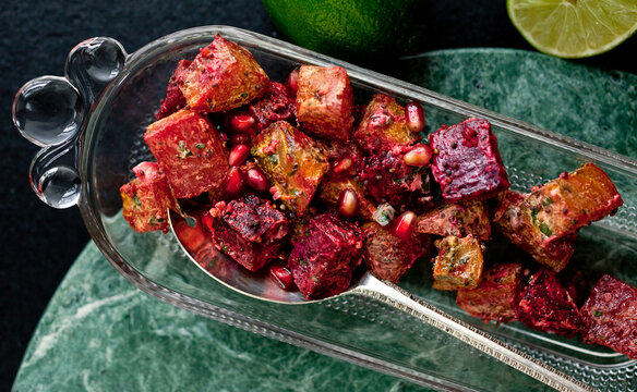 Close up of roasted beets served in bowl