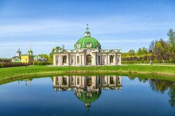 Grotto pavilion with reflection in historic Kuskovo manor in Moscow, Russia - obrazy, fototapety, plakaty