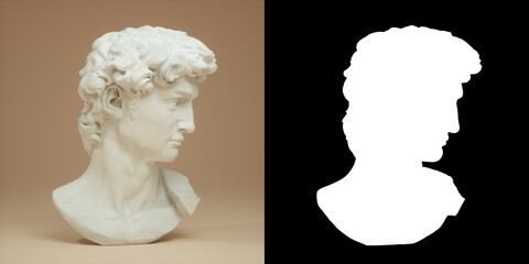 Head of Michelangelo's David isolated on beige background, via an black and white alpha channel. 3d render illustration.	