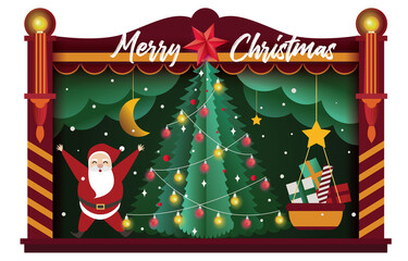 Christmas card paper art concept, Santa claus on night sky with gift, snow, star, christmas tree, design for web banner, poster, christmas invitation card and happy new year festival.