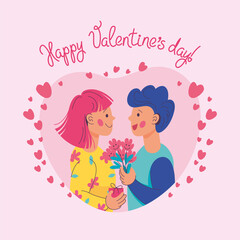 The couple gives gifts to each other. Vector illustration, Valentine's day card, poster, character design