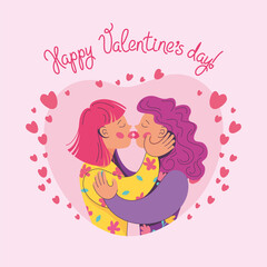 A couple of girls are kissing. Vector illustration, Valentine's day card, poster, character design