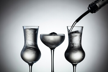 Vodka is poured into frozen glasses with ice.