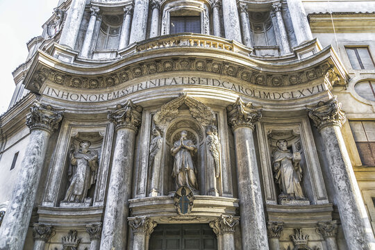 View of San Carlino church. Church of San Carlo alle Quattro Fontane (Saint Charles at Four Fountains, 1646), also called San Carlino - Roman Catholic Church in Rome. Lazio, Italy.