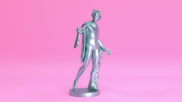 Iridescent beautiful decorative apollo belvedere greek god shiny metal antique statue 3d animation, pearlescent greece ancient sculpture as renaissance symbol seamless looping animated background