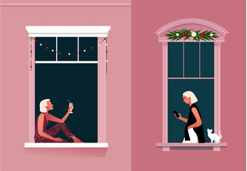 New Year or Christmas celebration. Lockdown. Quarantine life. Window frames with neighbors celebrating. Snow. Colorful vector illustration in modern flat style.