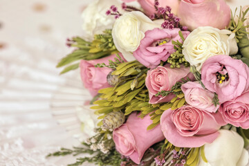 Close-up of a bridal bouquet of roses