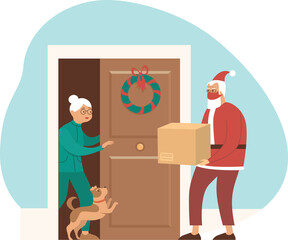 Safe Grocery shopping and fast delivery for elderly people during COVID-19 quarantine on Christmas holidays. Instant shipping. Courier give cardboard box to old senior woman