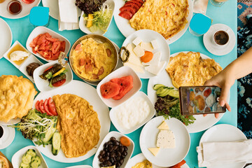 Delicious, Natural, Traditional Turkish Breakfast on blue table.Top and large view.